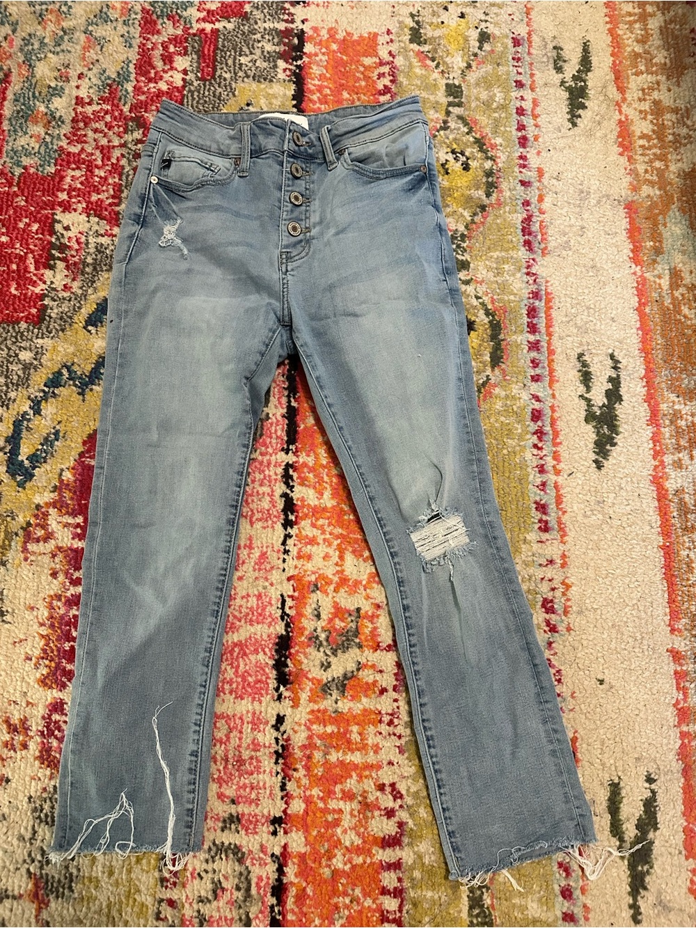 💰Kancan High Rise Button Fly Distressed Straight Leg Jeans Women’s 28 Raw Hem